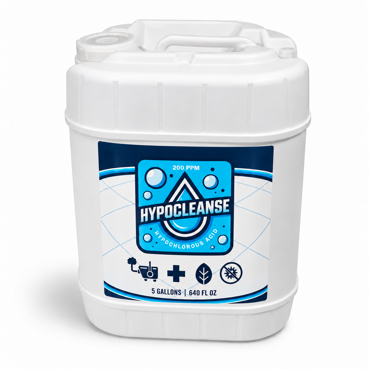 HypoCleanse 200 ppm hypochlorous acid cleaner, 5 Gallons, with blue and white label